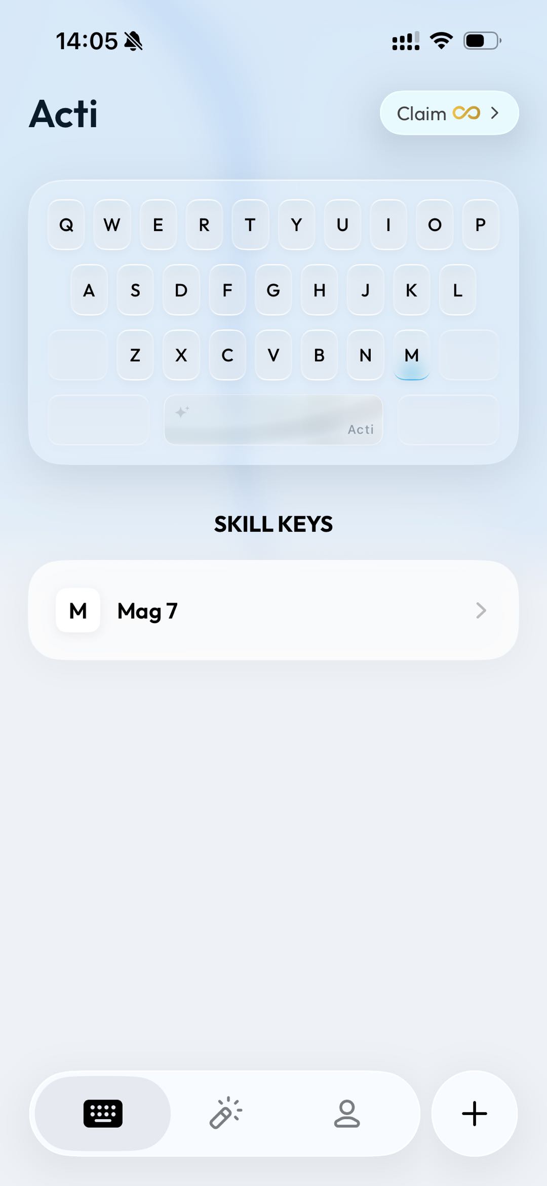 Acti home screen with the Claim infinity button in the top-right corner