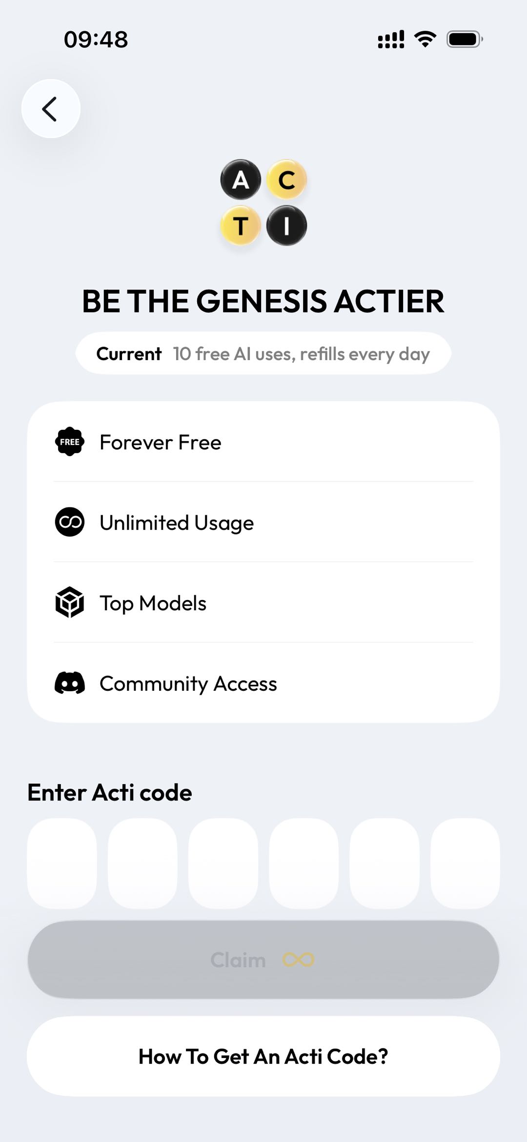 Acti Code activation screen showing Genesis Actier benefits and code entry