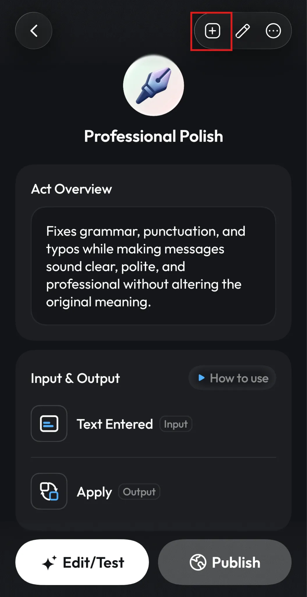 Act details page with the + icon in the top-right corner highlighted