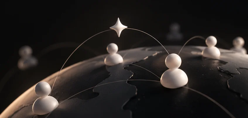 People around a globe connected by lines, representing the Acti Community