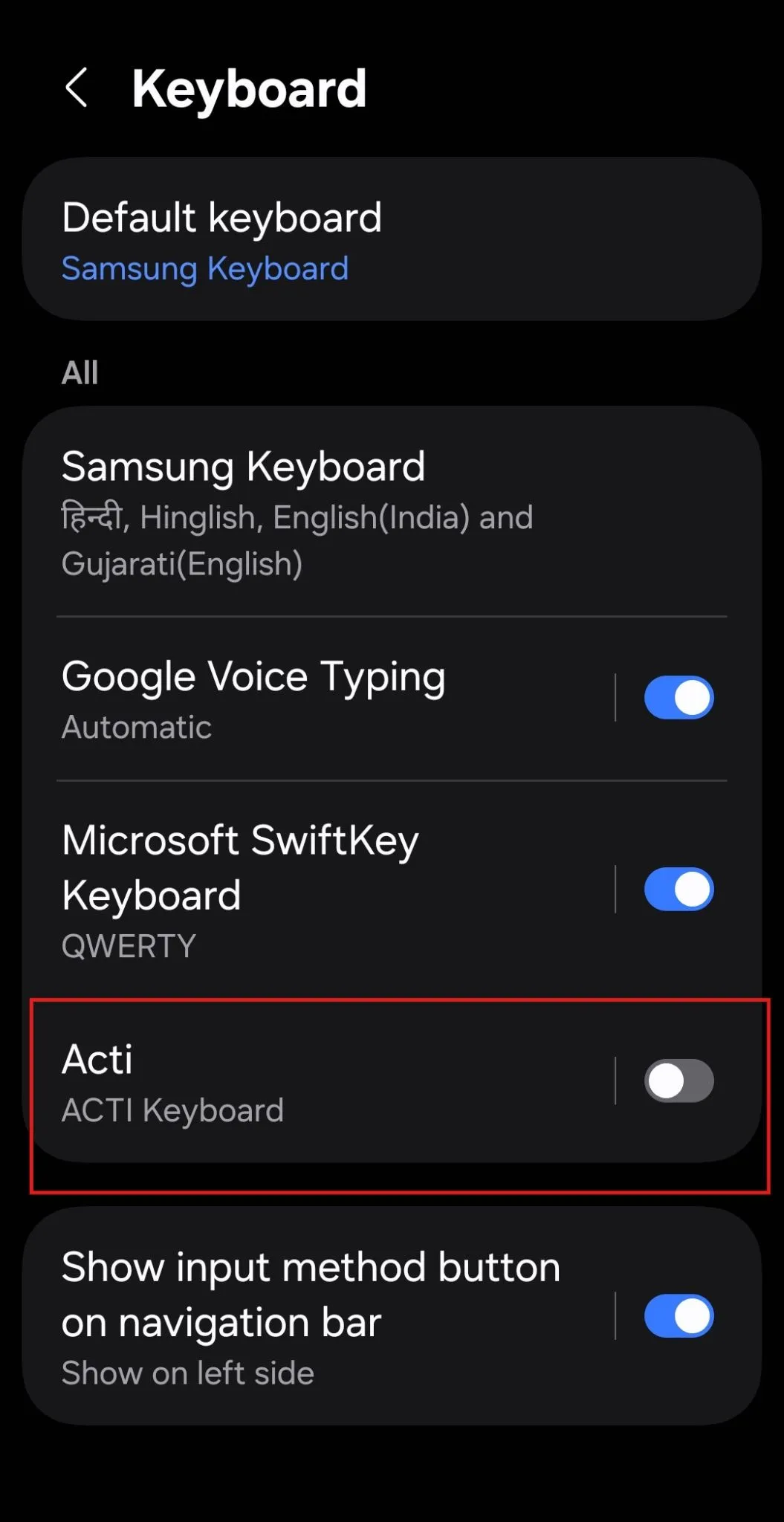Android keyboard settings with the Acti keyboard toggle highlighted