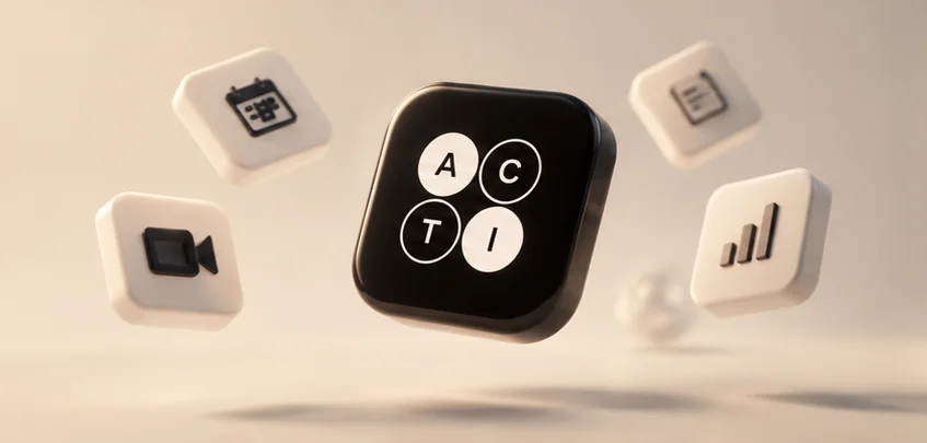 Acti app icon surrounded by floating icons for video, calendar, notes, and charts
