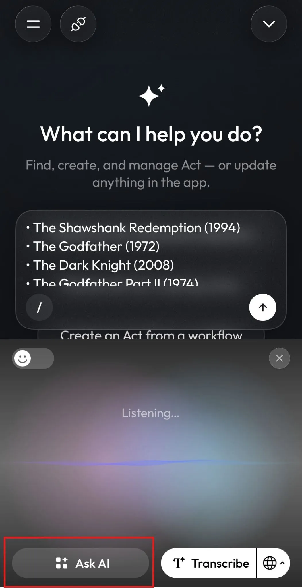 Ask AI in the Acti Voice panel returning a list of movies