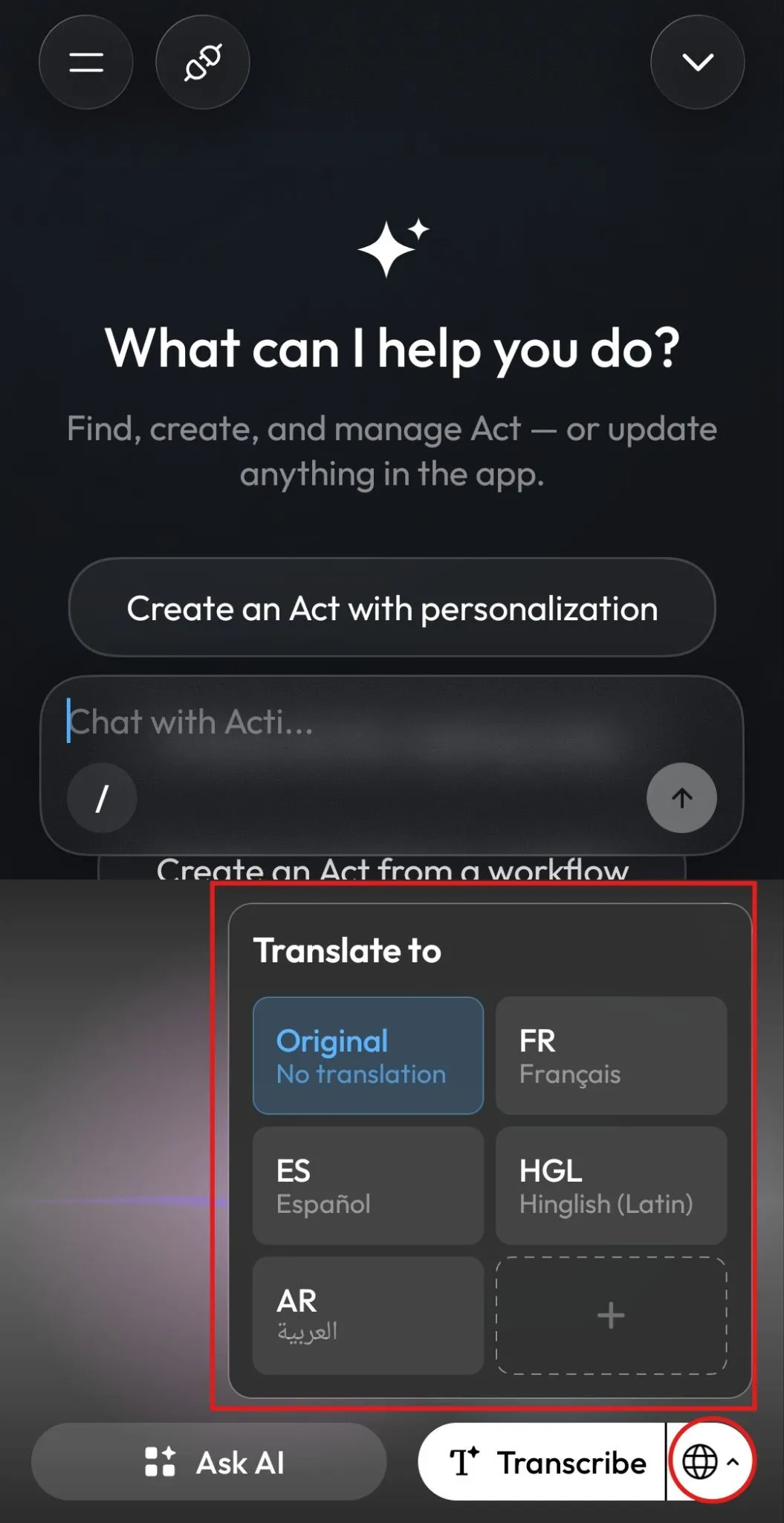 Translate to menu in the Acti Voice panel with language options