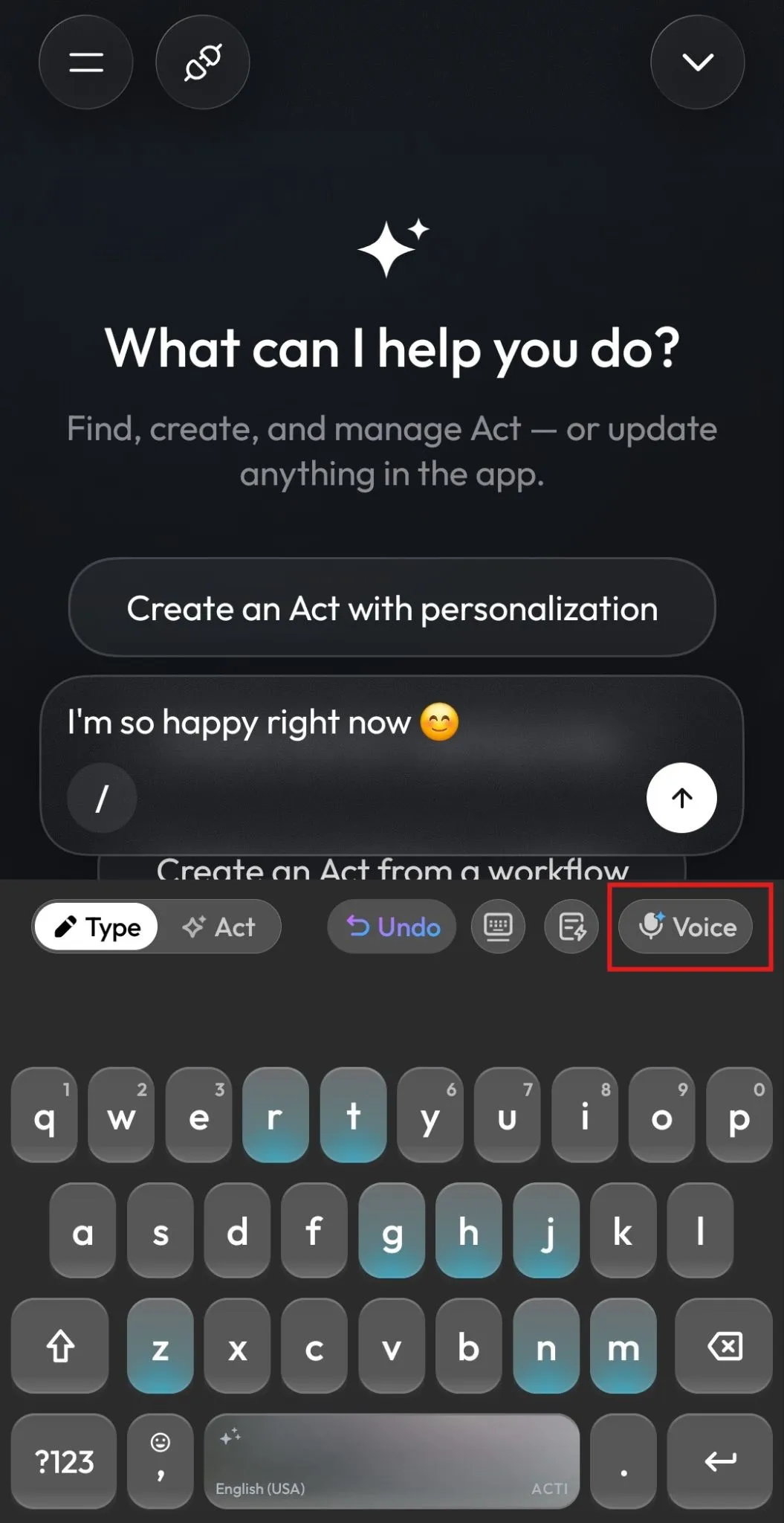 Acti keyboard with the Voice button highlighted in the toolbar