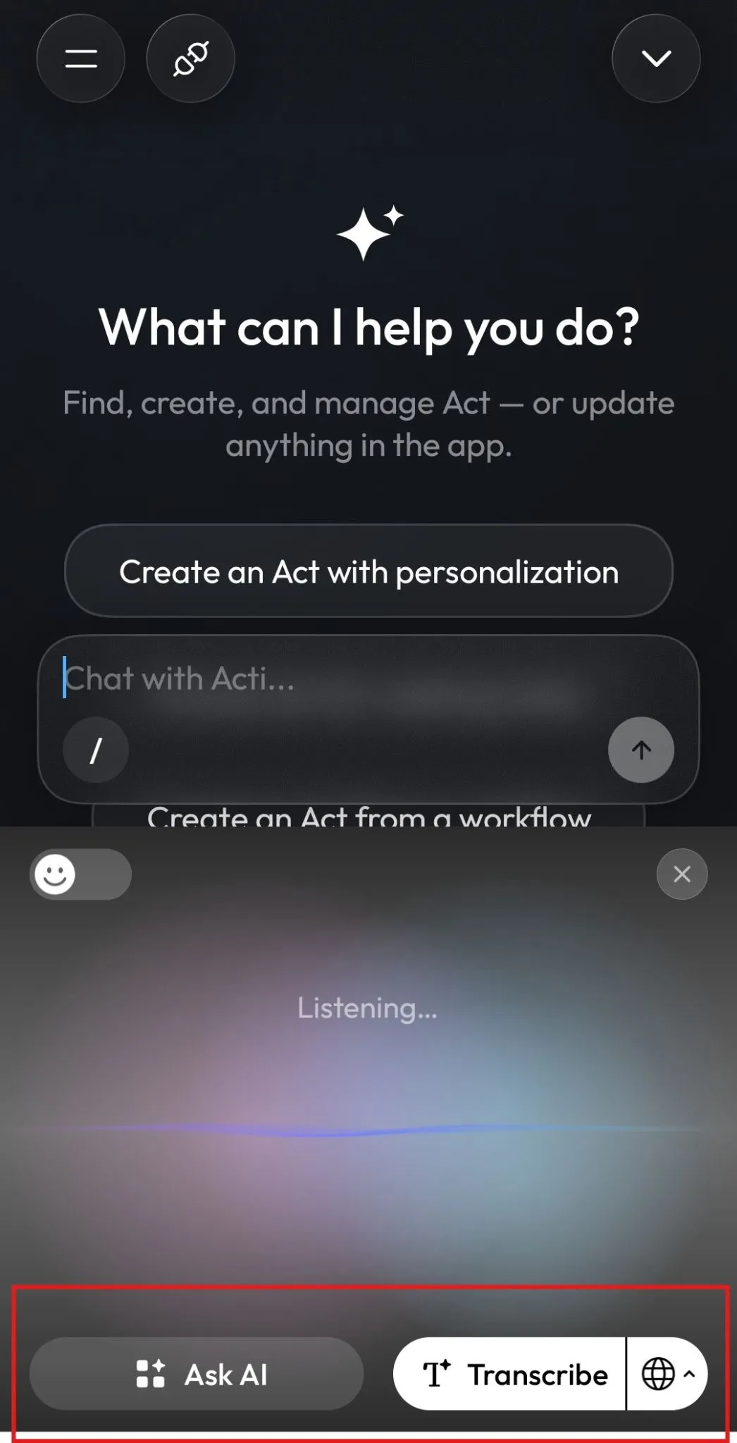 Acti Voice panel listening, with Ask AI and Transcribe buttons highlighted