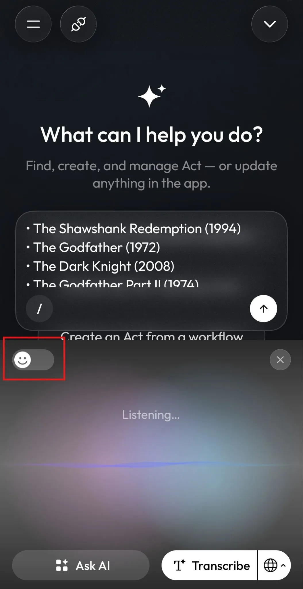 Emoji toggle in the Acti Voice panel