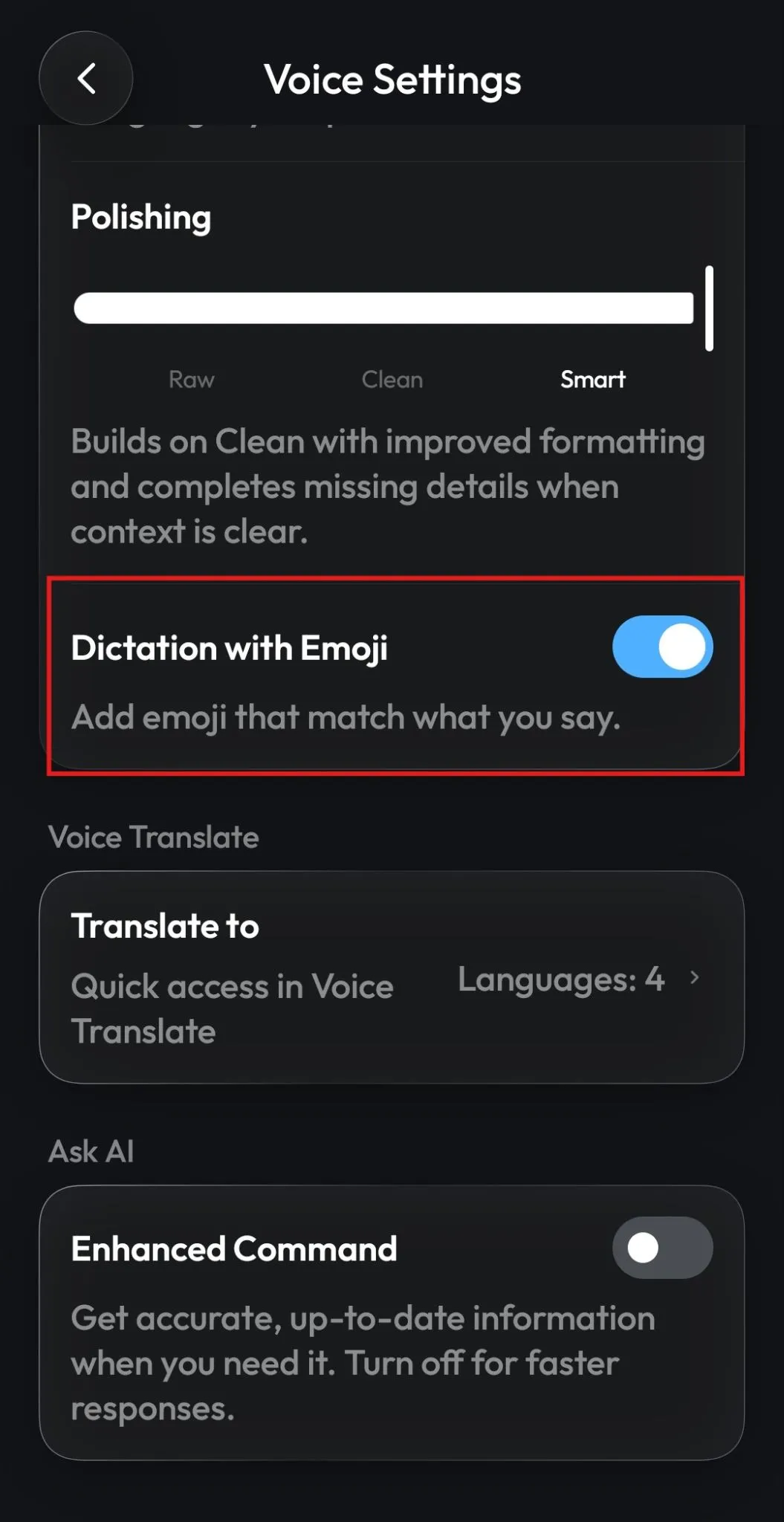 Dictation with Emoji switch in Voice Settings