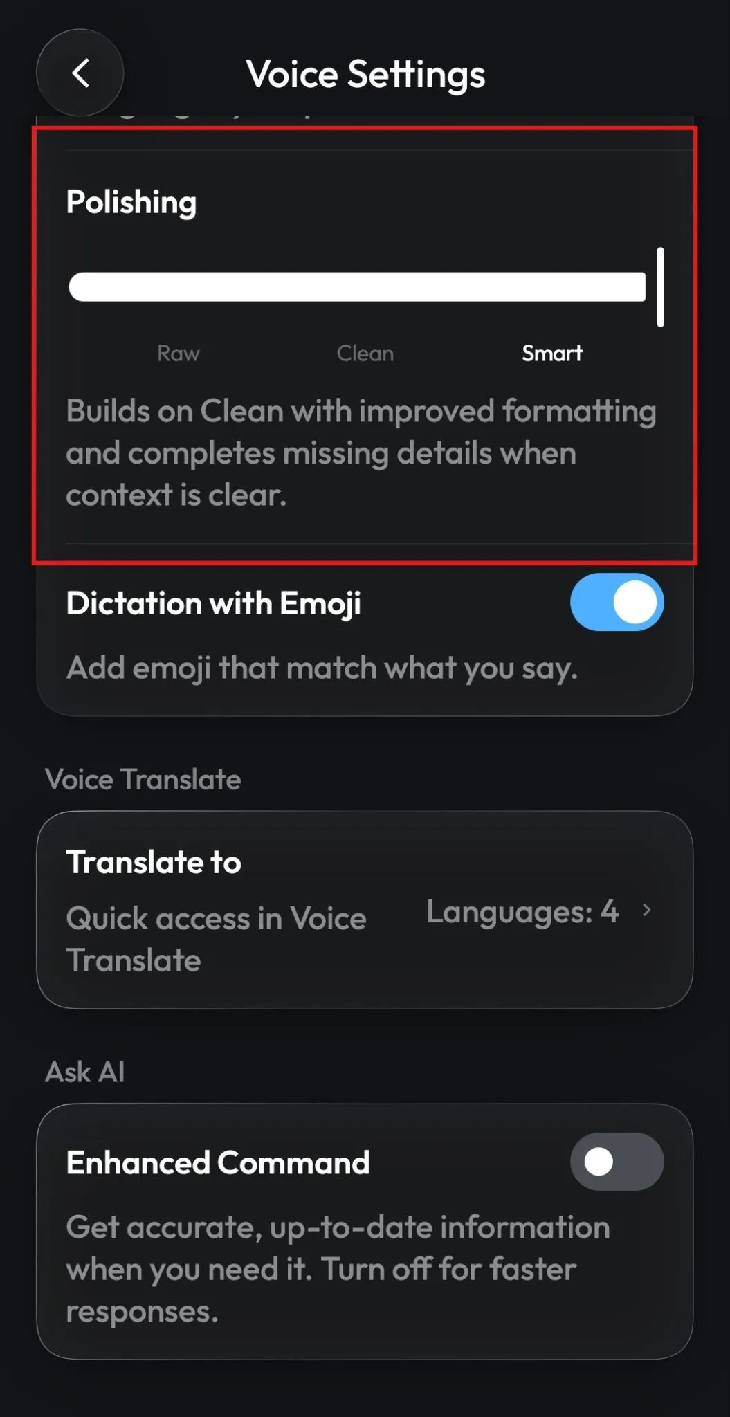 Voice Settings with the Polishing slider set to Raw, Clean, or Smart