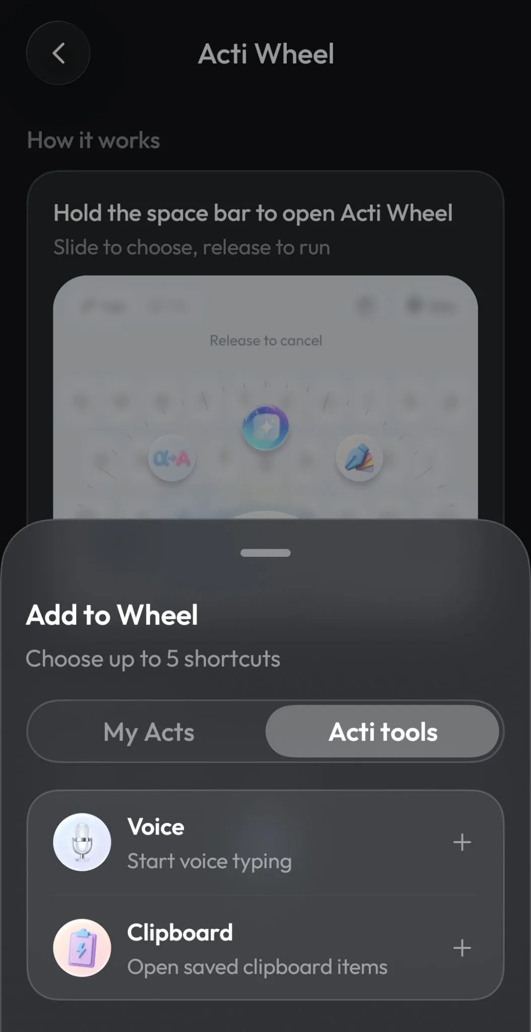 Add to Wheel sheet showing the Acti tools tab with Voice and Clipboard