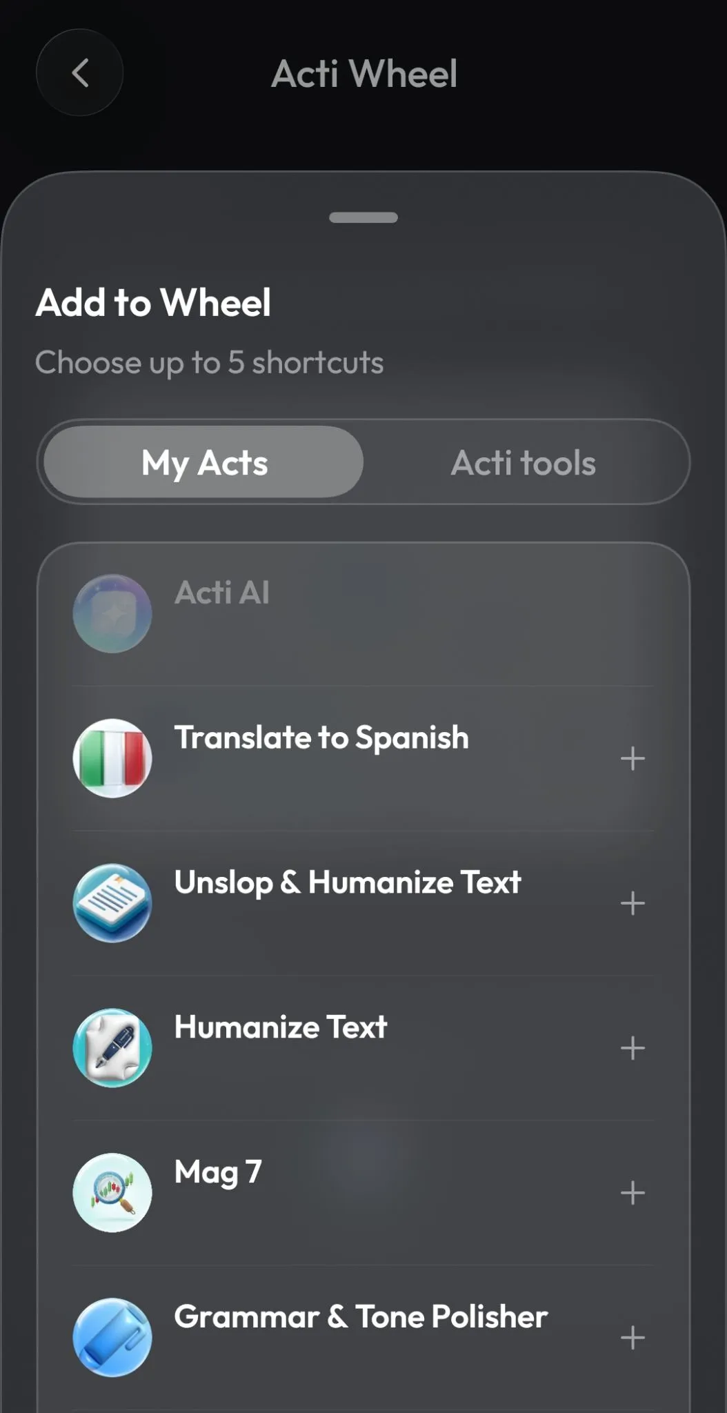 Add to Wheel sheet showing the My Acts tab