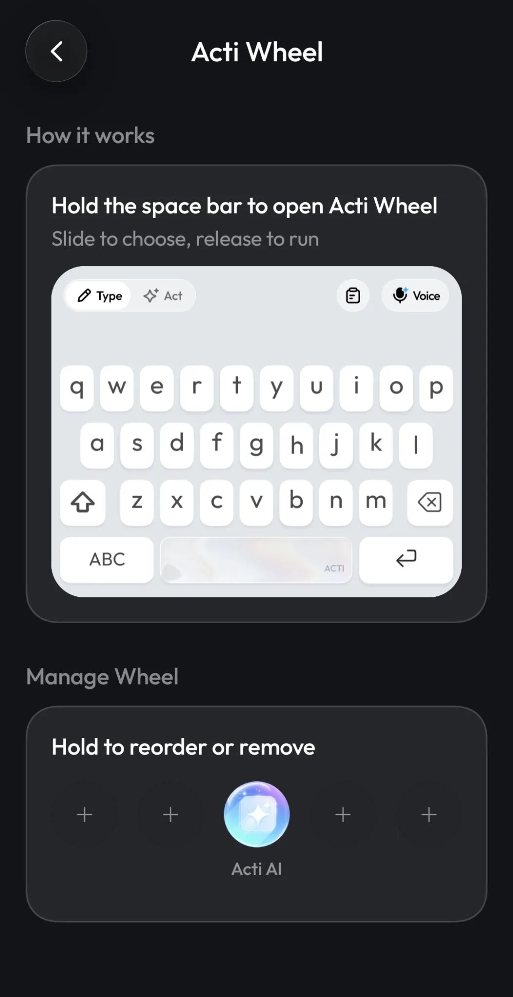 Acti Wheel settings in the Acti app with the Manage Wheel slots