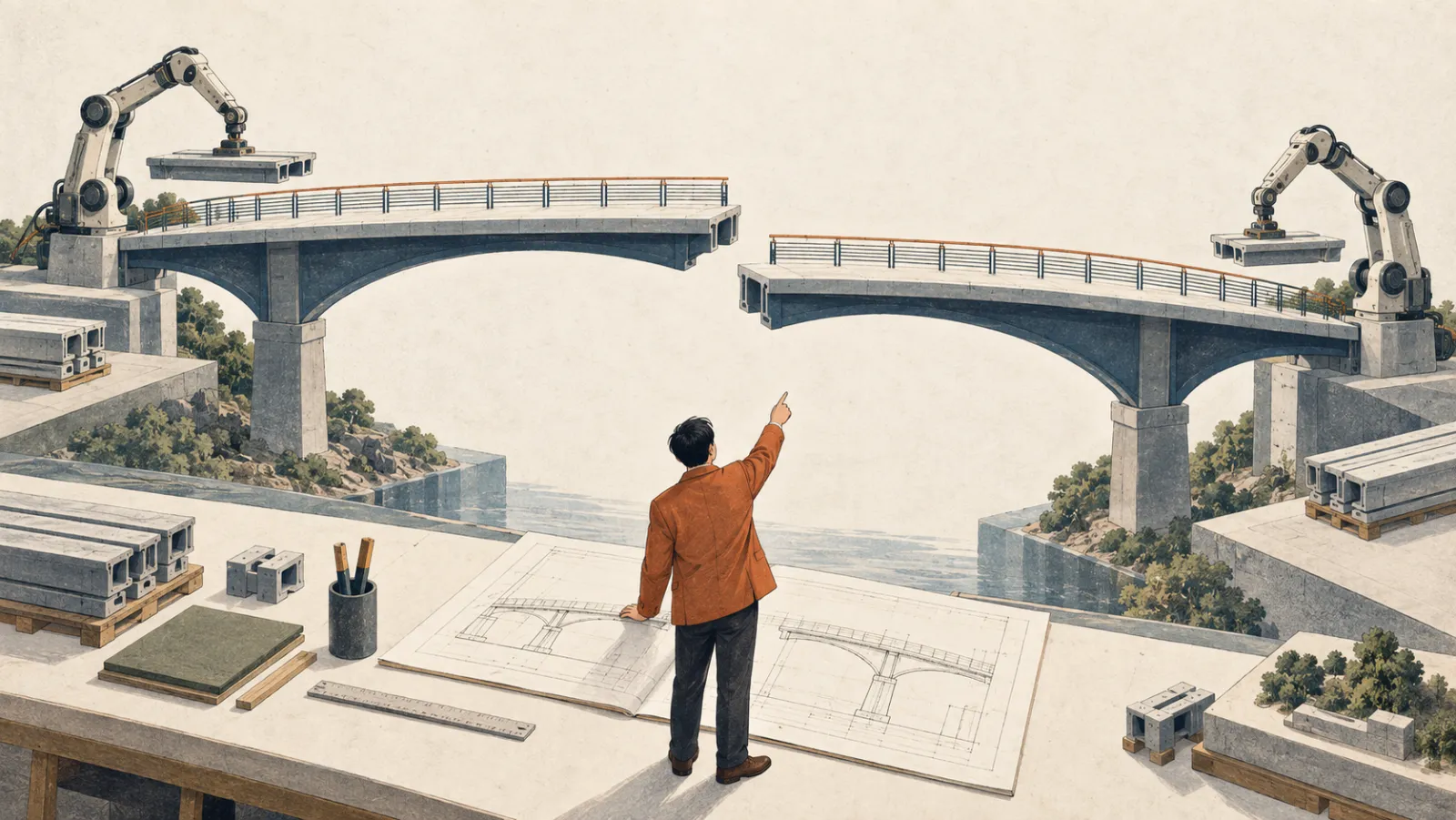 Two machines have built opposite ends of a bridge, but the decks do not align. An engineer needs to establish the design requirements that both sides must follow.