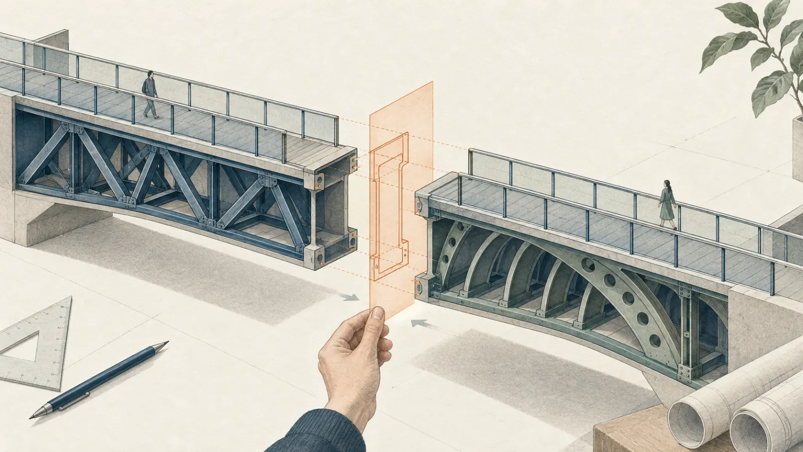 Two bridge sections use different internal structures but share the same connection specification. An orange template represents the shared agreement made explicit in documentation.