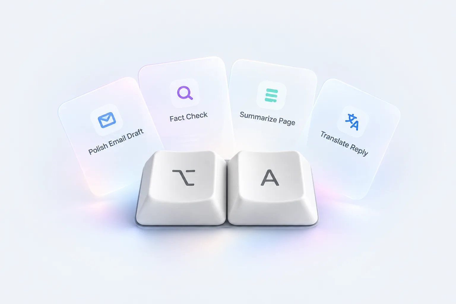 Option and A keycaps with Act cards fanned above them: Polish Email Draft, Fact Check, Summarize Page, Translate Reply