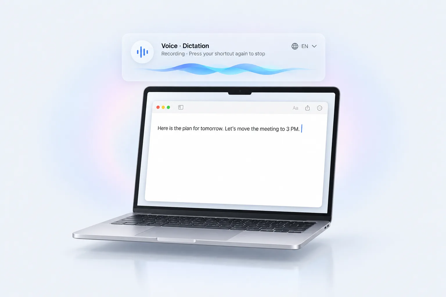 A MacBook with a document reading "Here is the plan for tomorrow. Let's move the meeting to 3 PM.", under the Acti Voice · Dictation recording panel