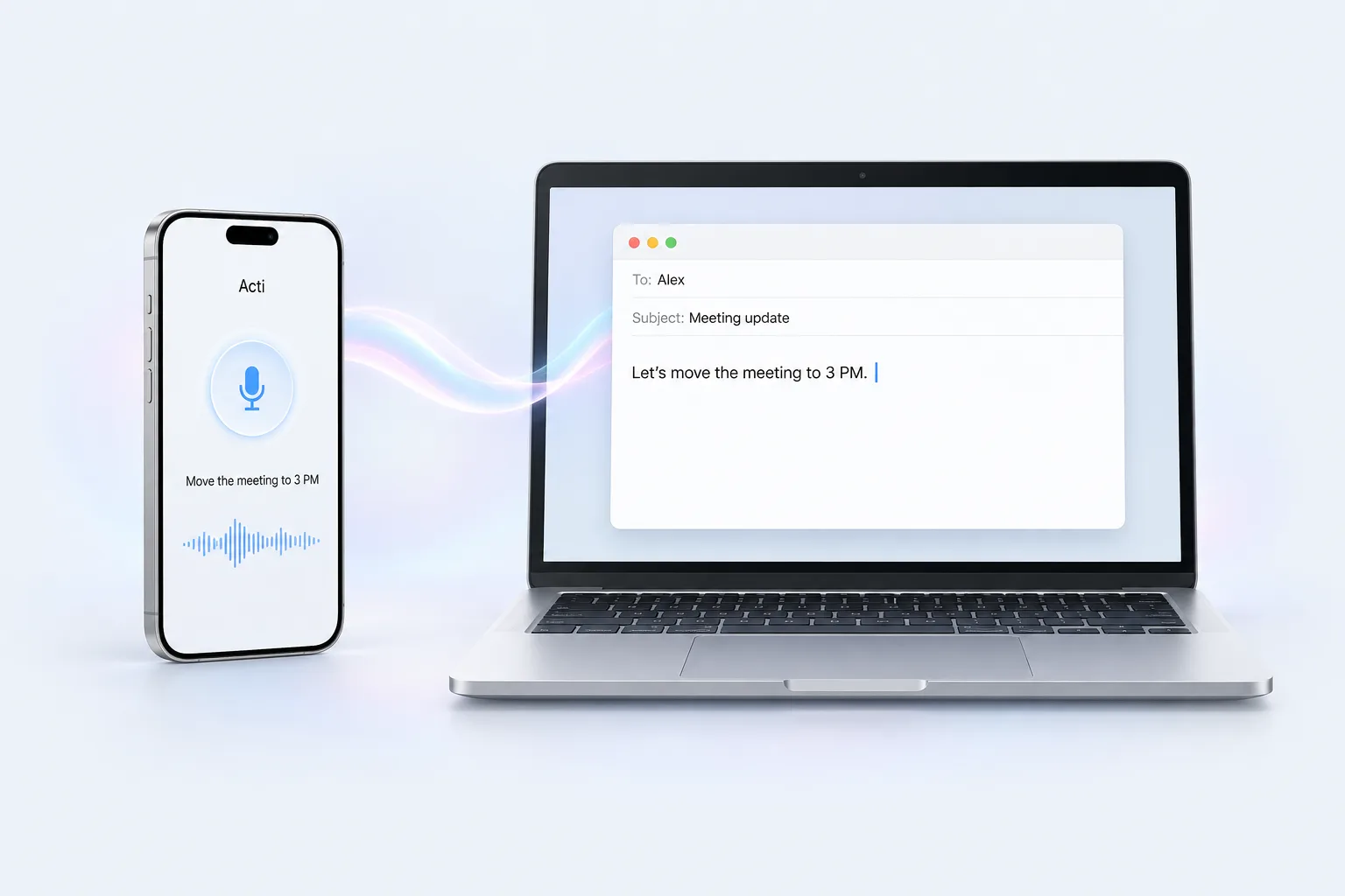 Speaking into Acti on an iPhone and the words appearing at the cursor in an email on a Mac